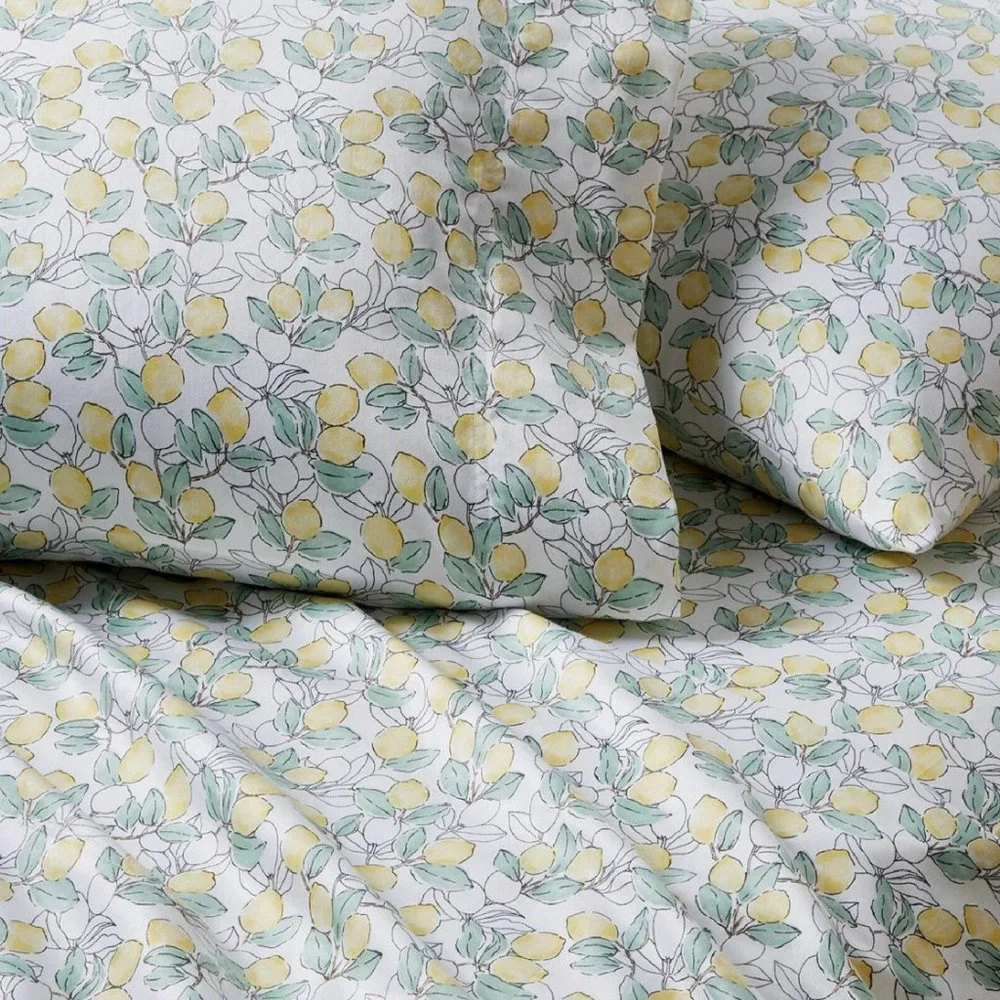 new YELLOW + WHITE Charter Club Designs Lemons 550 TC Cotton KING Sheet Set
